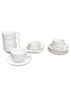 Cuisine Art Cuisine Art New Bone China Tea Cup & Saucer Set – 6 Cups (230ml) & 6 Saucers (15cm) – Elegant White Ceramic Teacup Set for Tea, Cappuccino, Latte – Microwave & Dishwasher Safe  - Image 1