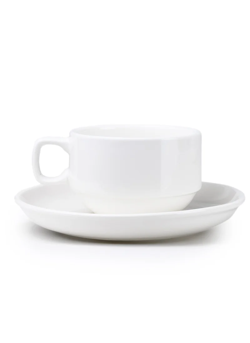 كويزين أرت Cuisine Art New Bone China Tea Cup & Saucer Set – 6 Cups (230ml) & 6 Saucers (15cm) – Elegant White Ceramic Teacup Set for Tea, Cappuccino, Latte – Microwave & Dishwasher Safe