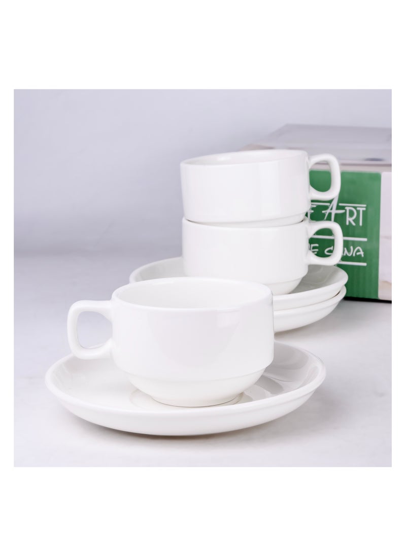 Cuisine Art Cuisine Art New Bone China Tea Cup & Saucer Set – 6 Cups (230ml) & 6 Saucers (15cm) – Elegant White Ceramic Teacup Set for Tea, Cappuccino, Latte – Microwave & Dishwasher Safe  - Image 4