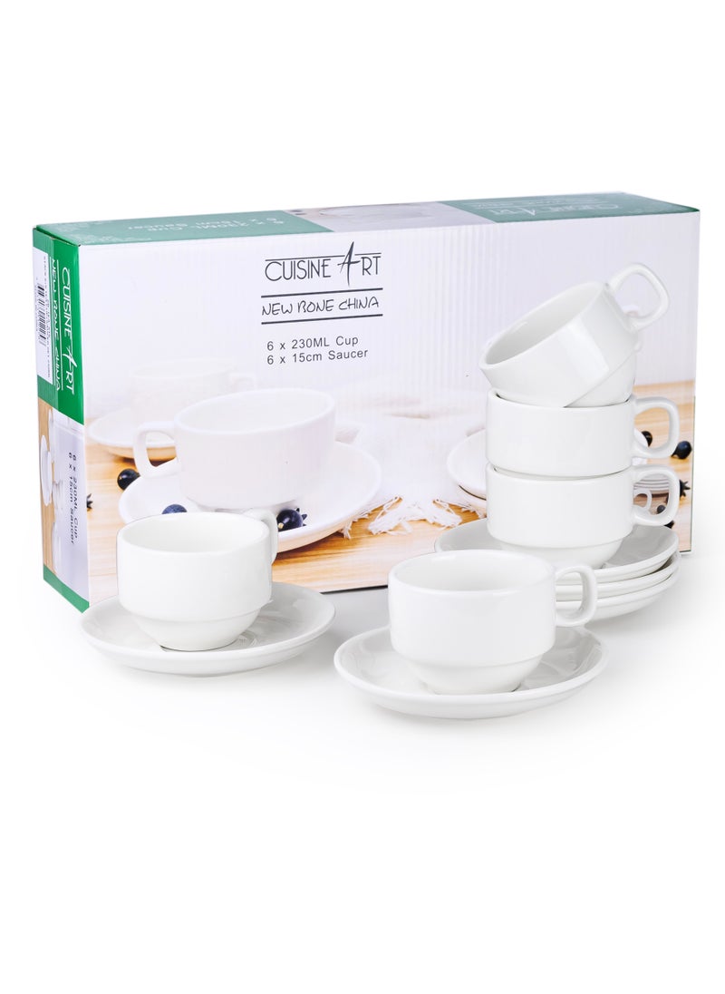 Cuisine Art Cuisine Art New Bone China Tea Cup & Saucer Set – 6 Cups (230ml) & 6 Saucers (15cm) – Elegant White Ceramic Teacup Set for Tea, Cappuccino, Latte – Microwave & Dishwasher Safe  - Image 3