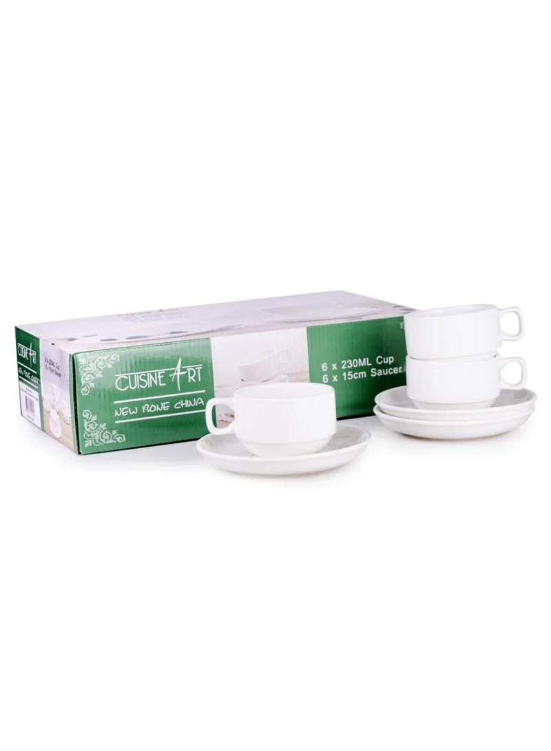 Cuisine Art Cuisine Art New Bone China Tea Cup & Saucer Set – 6 Cups (230ml) & 6 Saucers (15cm) – Elegant White Ceramic Teacup Set for Tea, Cappuccino, Latte – Microwave & Dishwasher Safe