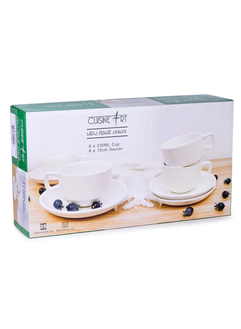 Cuisine Art Cuisine Art New Bone China Tea Cup & Saucer Set – 6 Cups (230ml) & 6 Saucers (15cm) – Elegant White Ceramic Teacup Set for Tea, Cappuccino, Latte – Microwave & Dishwasher Safe