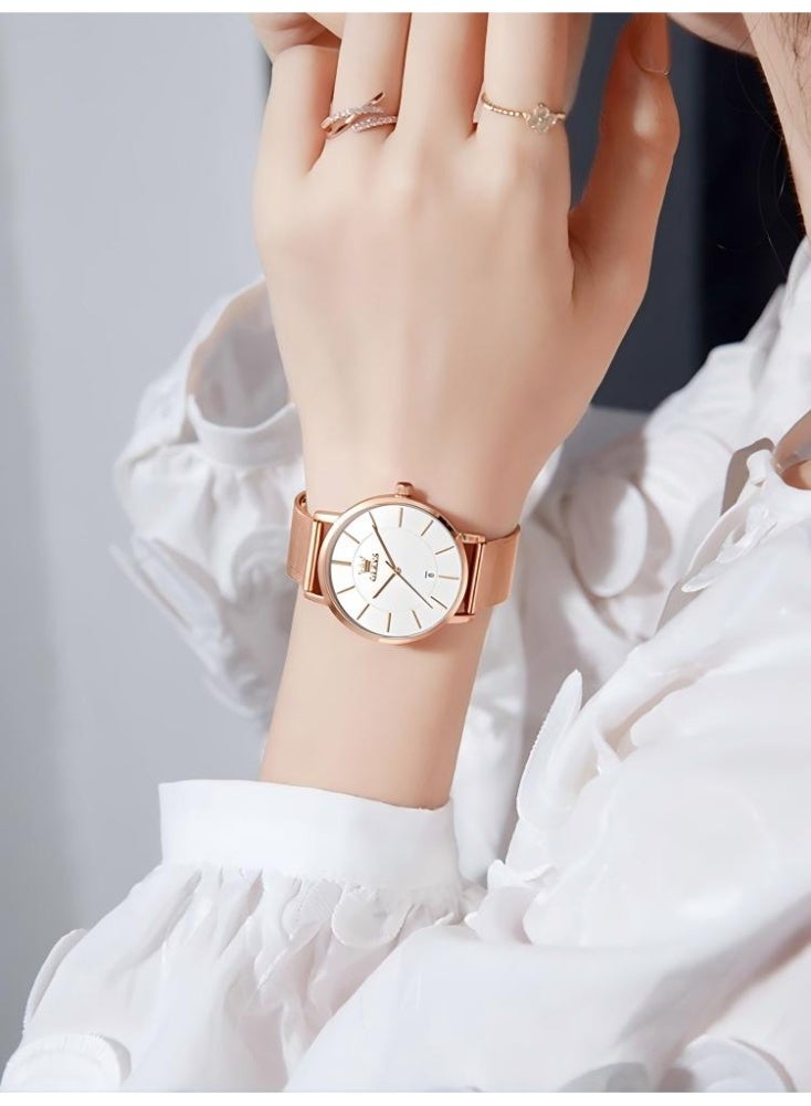 أوليفز ساعة OLEVS النسائية الأنيقة ذات الواجهة الكبيرة والتناظرية كوارتز ساعة يد نسائية رفيعة جدًا وعرض التاريخ ومقاومة للماء ساعات نسائية للمعصمين الصغيرين - Image 3