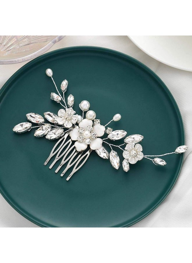 GORAIS - Gorais Bride Wedding Hair Comb Silver Flower Bridal Hair Piece Crystal Side Combs Hair Accessories for Women and Girls (A-Silver) - Image 1