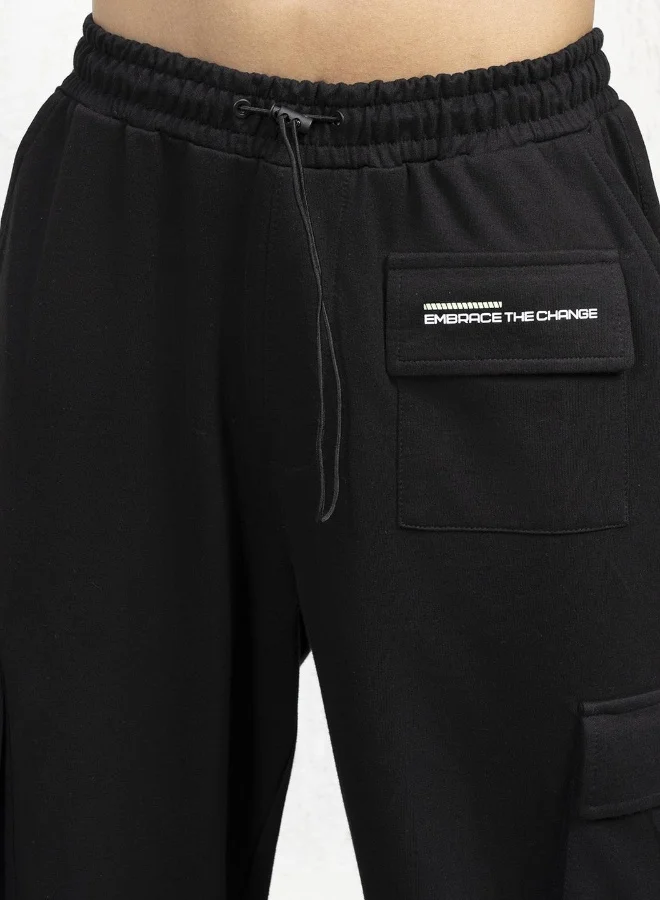 Hubberholme Men's Black Cotton Blend Printed Full Length Cargo Regular Fit Trouser