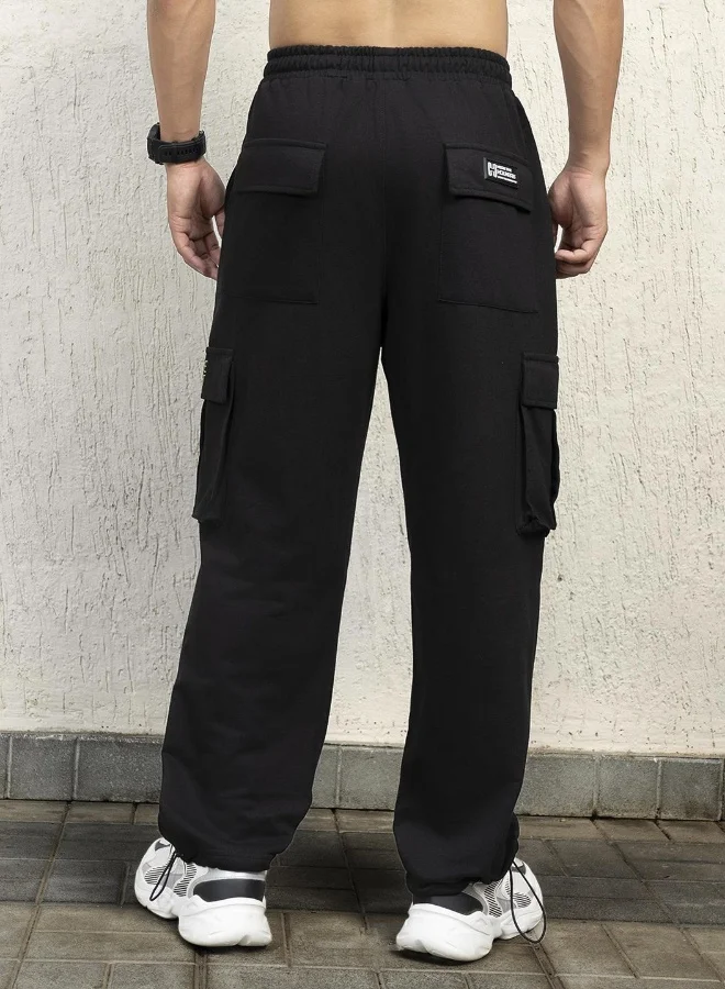 Hubberholme Men's Black Cotton Blend Printed Full Length Cargo Regular Fit Trouser