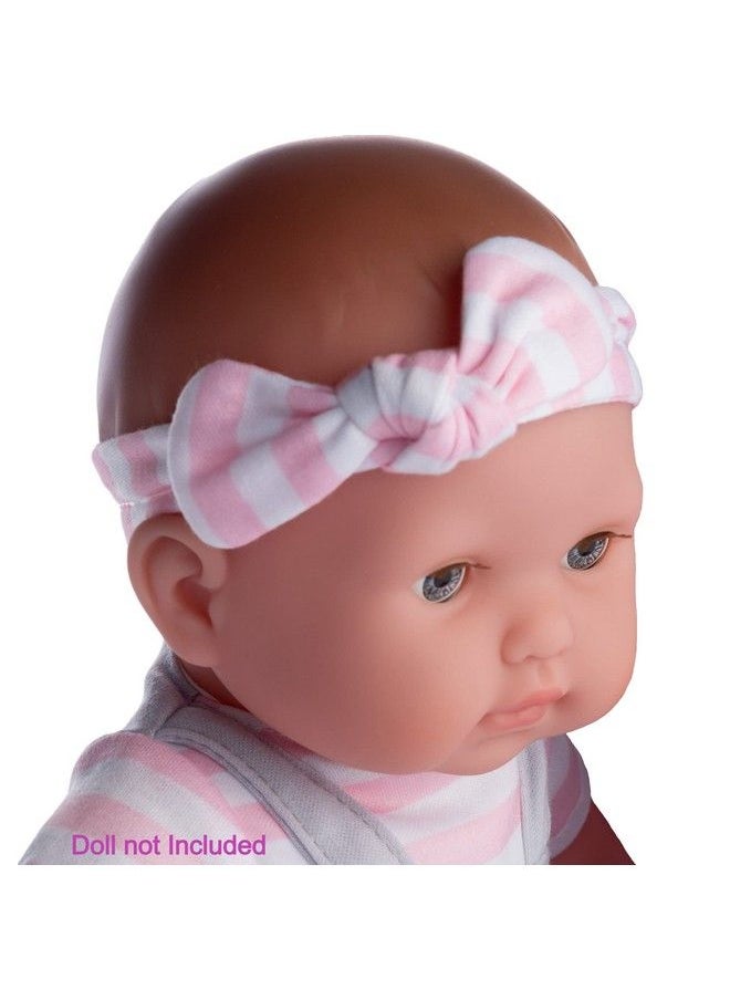 JC TOYS ; Berenguer Boutique ; Baby Doll Outfit ; Gray Overall Shorts With Pink Stripes ; Includes Headband And Booties ; Ages 2+ ; Fits Dolls 14" 16"  - Image 3