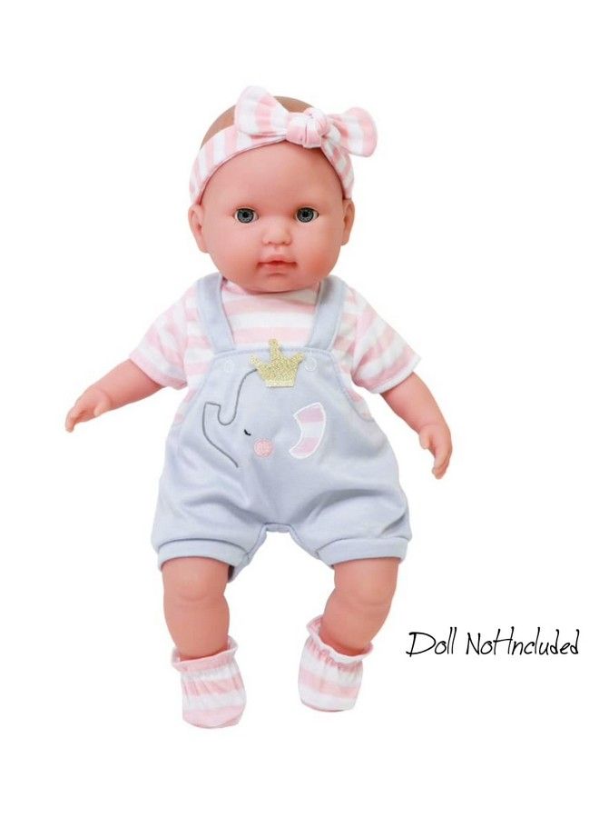 ; Berenguer Boutique ; Baby Doll Outfit ; Gray Overall Shorts With Pink Stripes ; Includes Headband And Booties ; Ages 2+ ; Fits Dolls 14" 16"