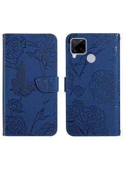 HuHa Case Cover For Realme C15 / C12 Skin Feel Butterfly Peony Embossed Leather Phone Case Blue 