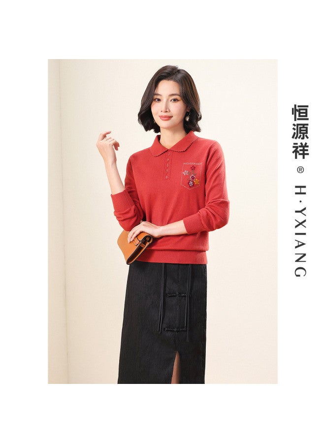 Hengyuanxiang Youthful Turn-Down Collar 25 Autumn Chinese Style Wool Sweater, Warm Knitted Sweater For Mothers, Inlaid Pattern Sweater - Image 4