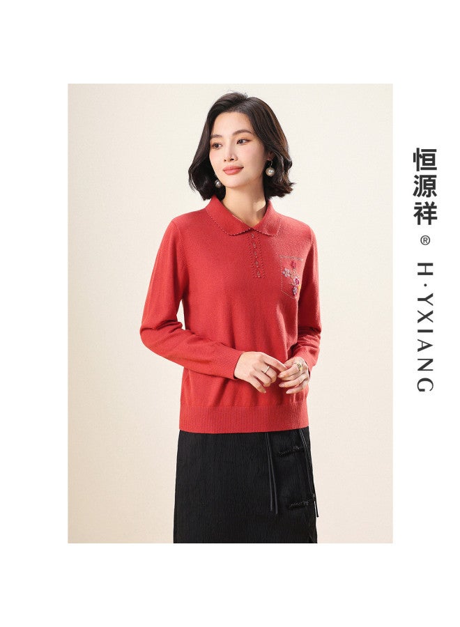 Hengyuanxiang Youthful Turn-Down Collar 25 Autumn Chinese Style Wool Sweater, Warm Knitted Sweater For Mothers, Inlaid Pattern Sweater - Image 5