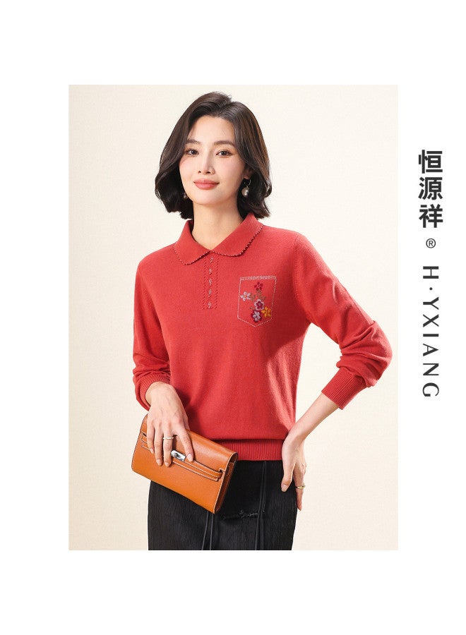 Hengyuanxiang Youthful Turn-Down Collar 25 Autumn Chinese Style Wool Sweater, Warm Knitted Sweater For Mothers, Inlaid Pattern Sweater - Image 2