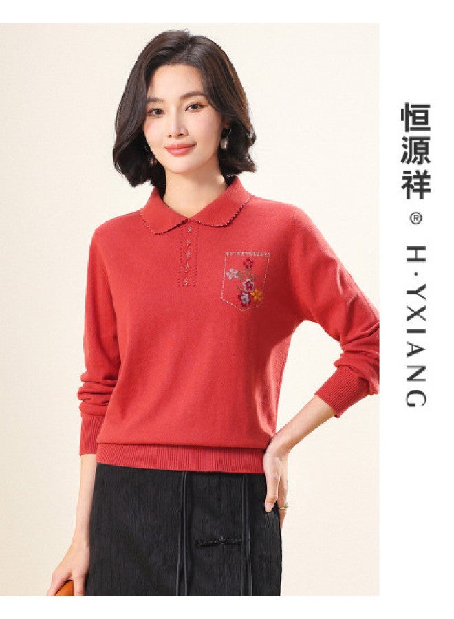 Hengyuanxiang Youthful Turn-Down Collar 25 Autumn Chinese Style Wool Sweater, Warm Knitted Sweater For Mothers, Inlaid Pattern Sweater - Image 1