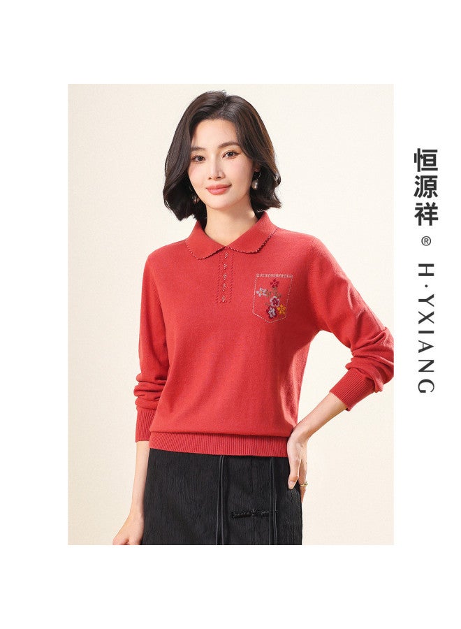 Hengyuanxiang Youthful Turn-Down Collar 25 Autumn Chinese Style Wool Sweater, Warm Knitted Sweater For Mothers, Inlaid Pattern Sweater - Image 3