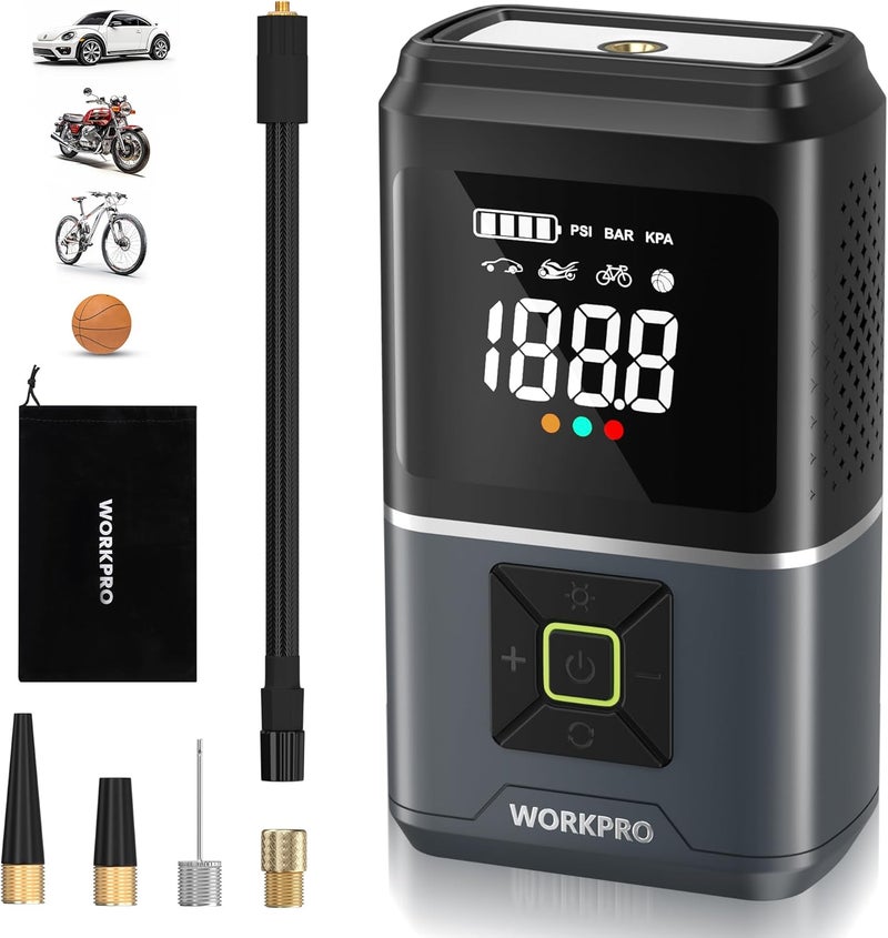 WORKPRO منفاخ إطارات محمول ضاغط هواء، 7.2 فولت منفاخ إطارات ضاغط هواء لاسلكي، مضخة نفخ 150 PSI للسيارة مع ��طارية سعة 5000 مللي أمبير في الساعة، ضاغط هواء صغير مع شحن أسرع - Image 1