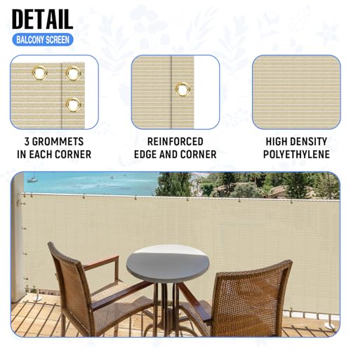EK شاشة خصوصية لشرفة E&K 3' x 25' مع روابط سحابية لحماية UV للخارج للسطح والفناء والحديقة والشقة وحمام السباحة والشرفة (بيج) - Image 4