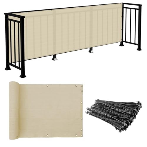 EK شاشة خصوصية لشرفة E&K 3' x 25' مع روابط سحابية لحماية UV للخارج للسطح والفناء والحديقة والشقة وحمام السباحة والشرفة (بيج) - Image 1