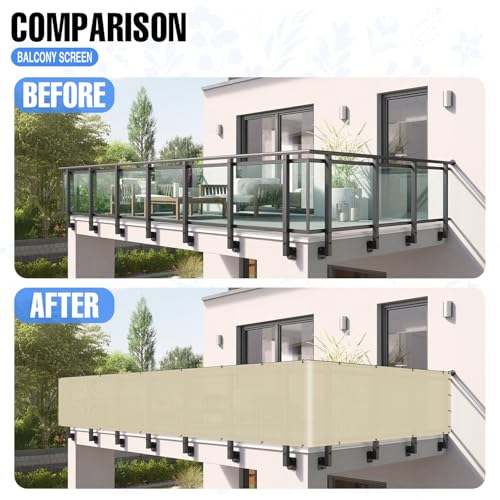 EK شاشة خصوصية لشرفة E&K 3' x 25' مع روابط سحابية لحماية UV للخارج للسطح والفناء والحديقة والشقة وحمام السباحة والشرفة (بيج) - Image 3