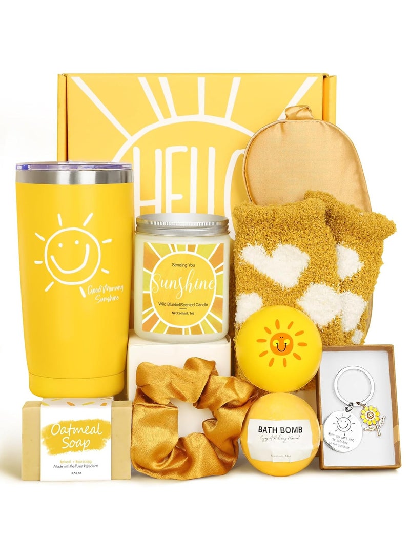 Sunshine Gift Box for Women – Unique 10pcs Gift Basket Self Care Package with Tumbler Socks Candle and More Sister & Friendship Cheer Up Box– Cheer Up Birthday Get Well Soon  - Image 1