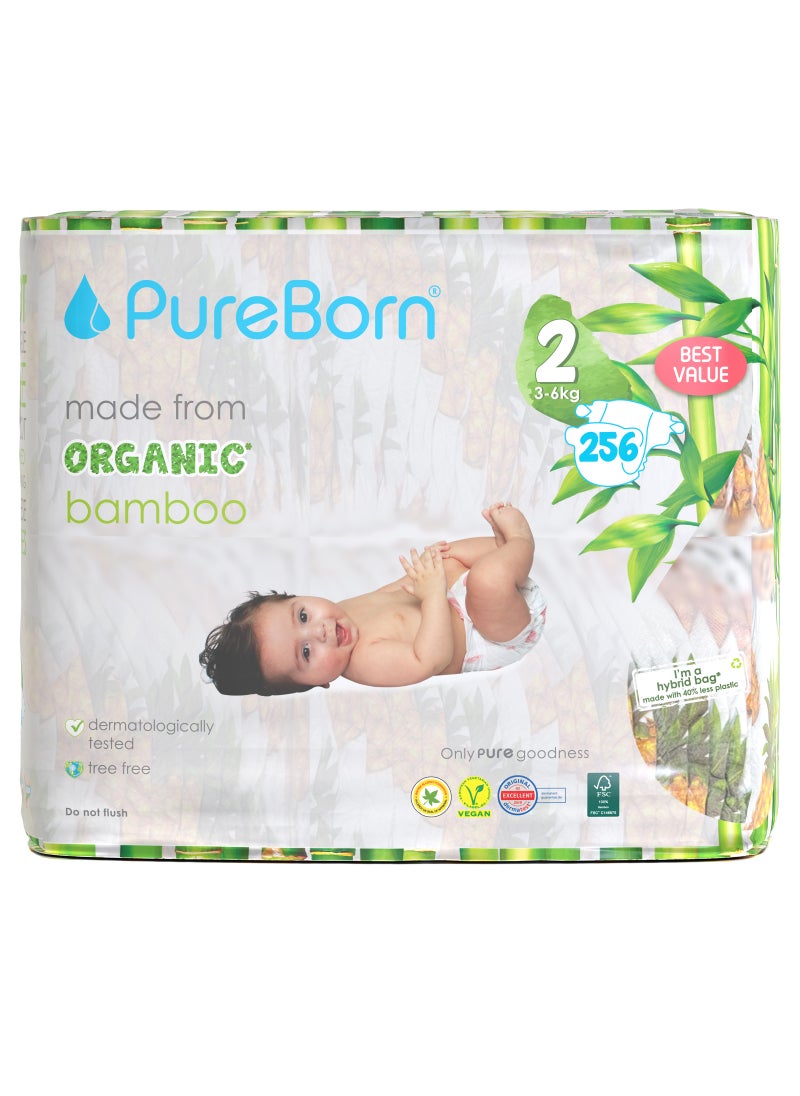 PureBorn Organic Diaper Size 2 Eco-Friendly Bamboo Diaper 3-6 Kg Bundle Pack 256 Diapers  - Image 1