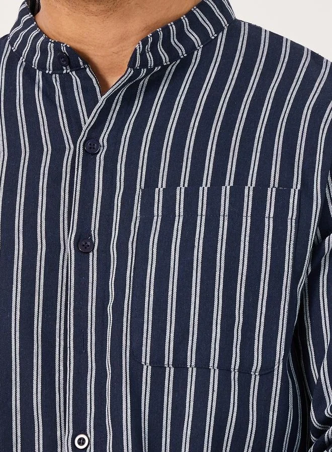 Styli Regular Fit Mandarin Collar Striped Shirt and Shorts Set