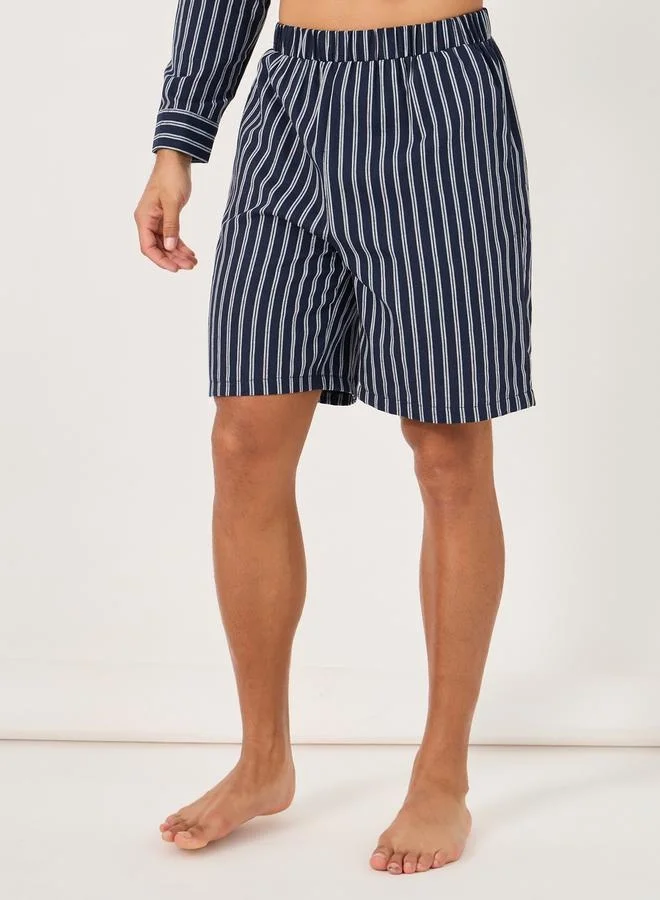 Styli Regular Fit Mandarin Collar Striped Shirt and Shorts Set