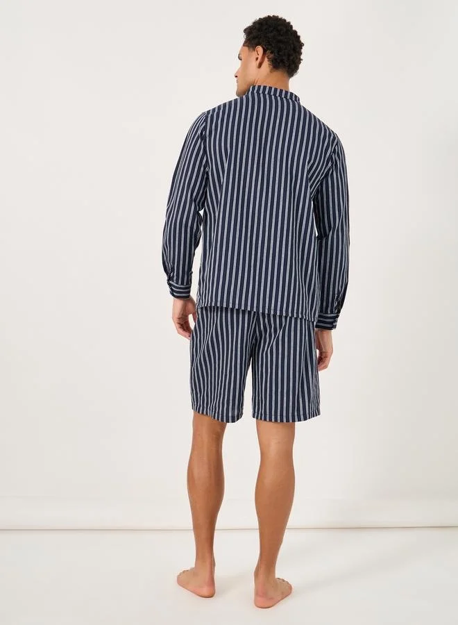 Styli Regular Fit Mandarin Collar Striped Shirt and Shorts Set