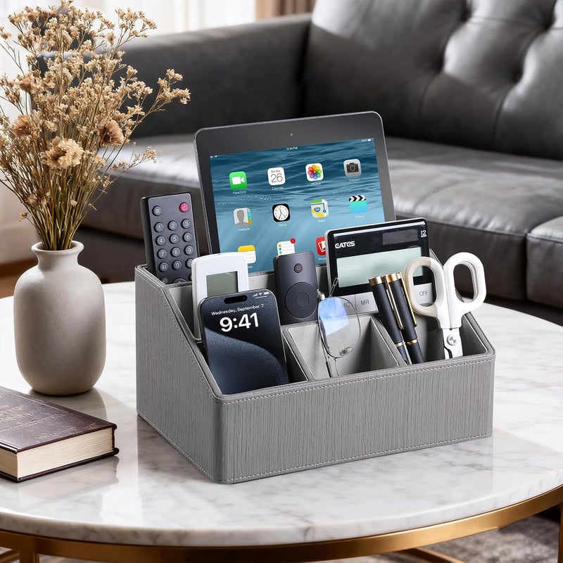 MEIBOOCH منظم مكتب من جلد البولي يوريثان، حامل جهاز التحكم عن بعد ا��فاخر للمنزل، إكسسوارات مكتب المكتب حامل الطاولة منظم منضدة السرير (رمادي) - Image 2