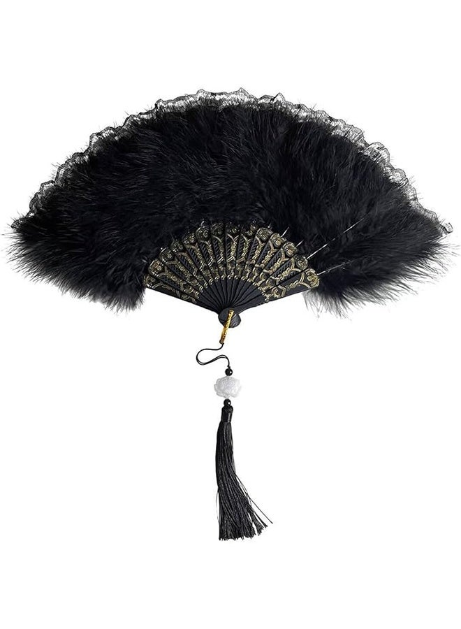 Feather Hand Fan, Black Foldable Feather Fan Handheld for Party Wedding Dancing Decoration - Image 1