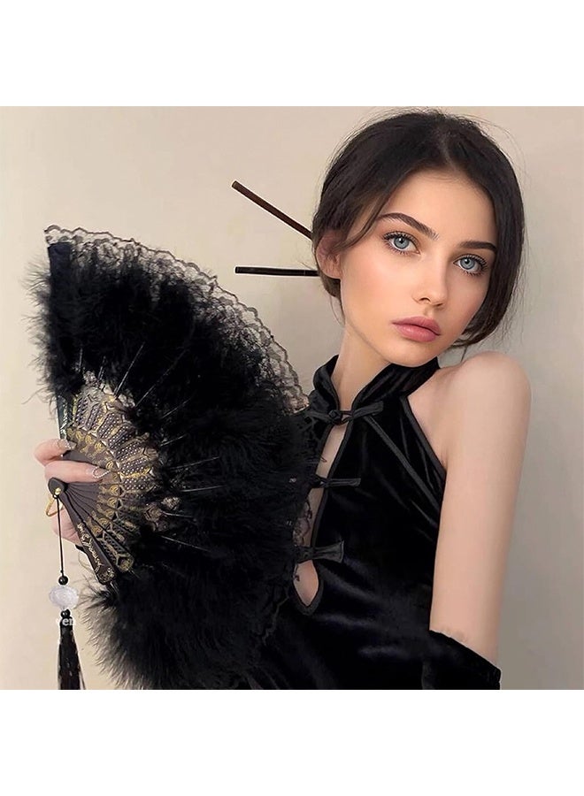 Feather Hand Fan, Black Foldable Feather Fan Handheld for Party Wedding Dancing Decoration - Image 2
