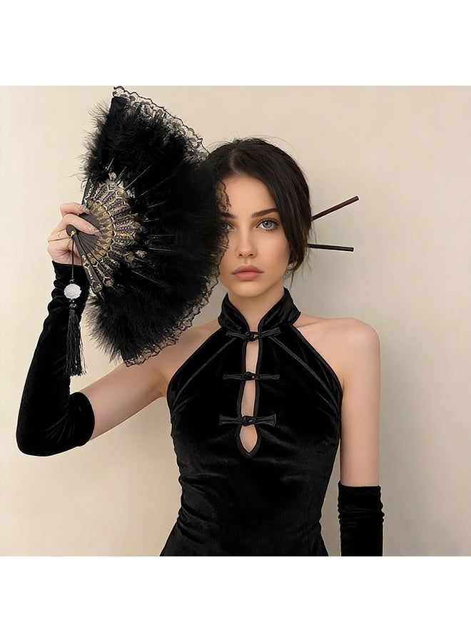 Feather Hand Fan, Black Foldable Feather Fan Handheld for Party Wedding Dancing Decoration - Image 3