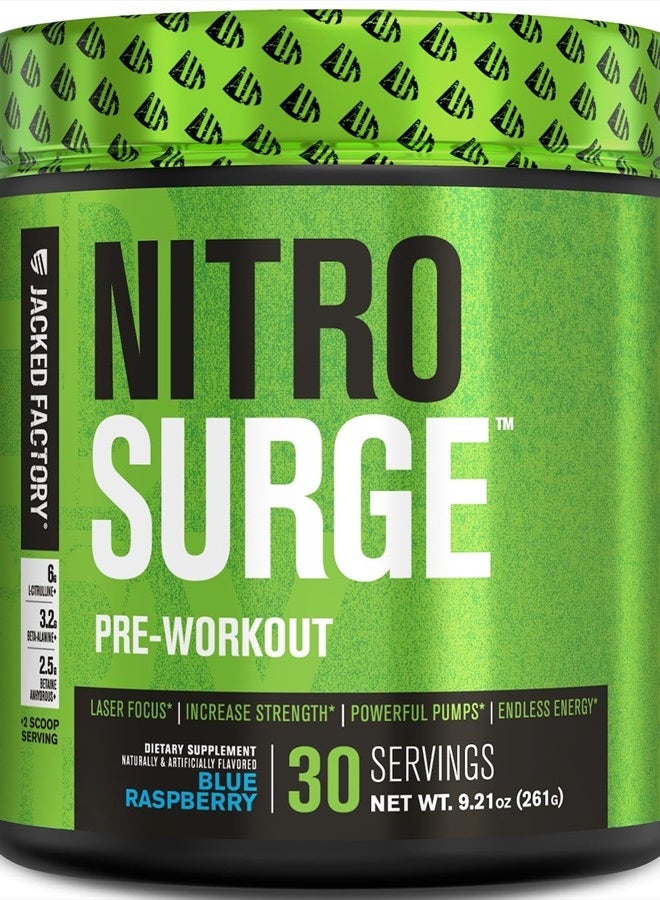 Jacked Factory NITROSURGE Pre Workout Supplement - Energy Booster, Instant Strength Gains, Clear Focus & Intense Pumps - NO Booster & Powerful Preworkout Energy Powder - 30 Servings, Blue Raspberry - Image 1