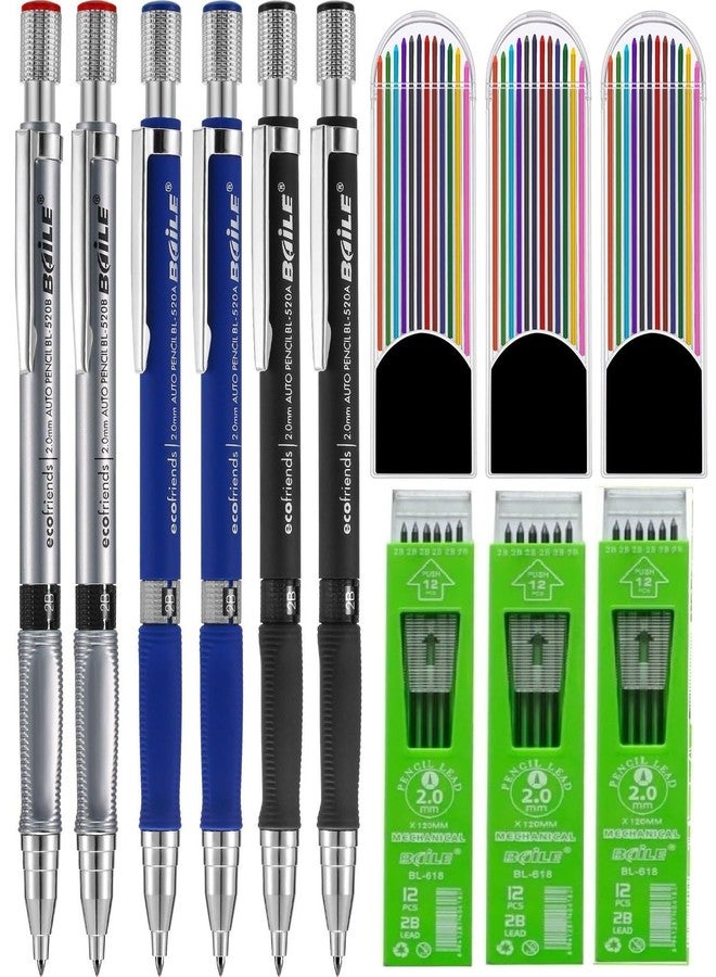 worison 6pc Multicolored 2B Mechanical Pencil Set with 2.0mm Tip – Includes 36 Black and 36 Multicolor Leads in Organized Storage Case for Writing, Sketching, Drawing - Image 1