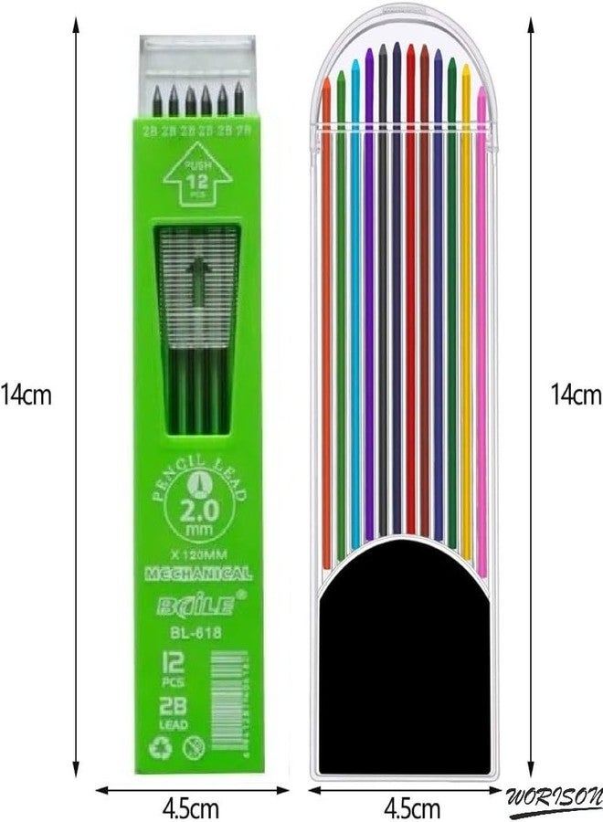 worison 6pc Multicolored 2B Mechanical Pencil Set with 2.0mm Tip – Includes 36 Black and 36 Multicolor Leads in Organized Storage Case for Writing, Sketching, Drawing - Image 2