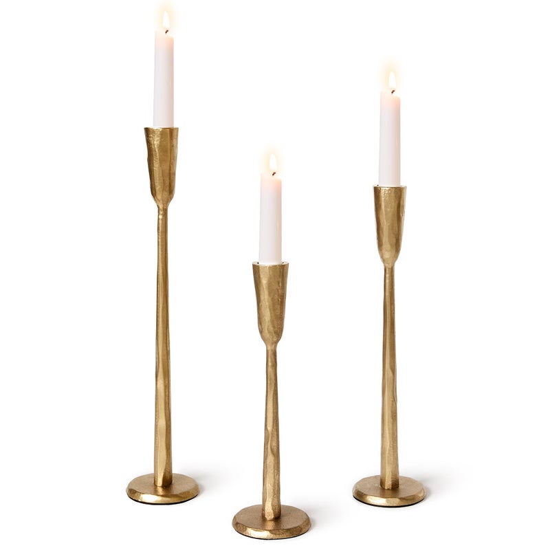 LEORAY Cast Iron Taper Candle Holder Set of 3, Heavyweight Tall Candlestick Holders, Antique Gold, for Fireplace Mantle & Dining Table, Versatile Decor for Wedding, Holiday, Home & Christmas - Image 1