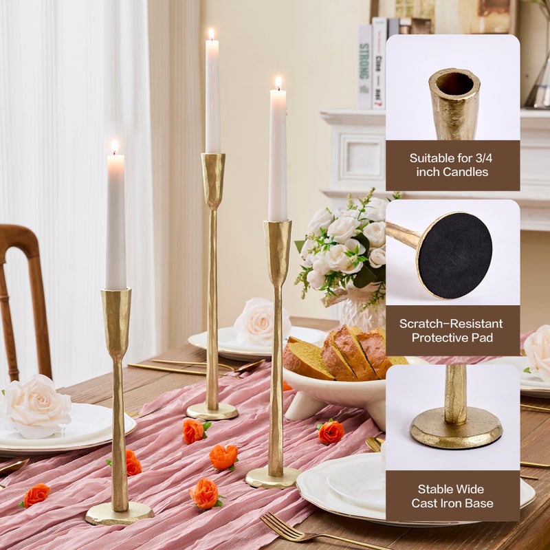 LEORAY Cast Iron Taper Candle Holder Set of 3, Heavyweight Tall Candlestick Holders, Antique Gold, for Fireplace Mantle & Dining Table, Versatile Decor for Wedding, Holiday, Home & Christmas - Image 3