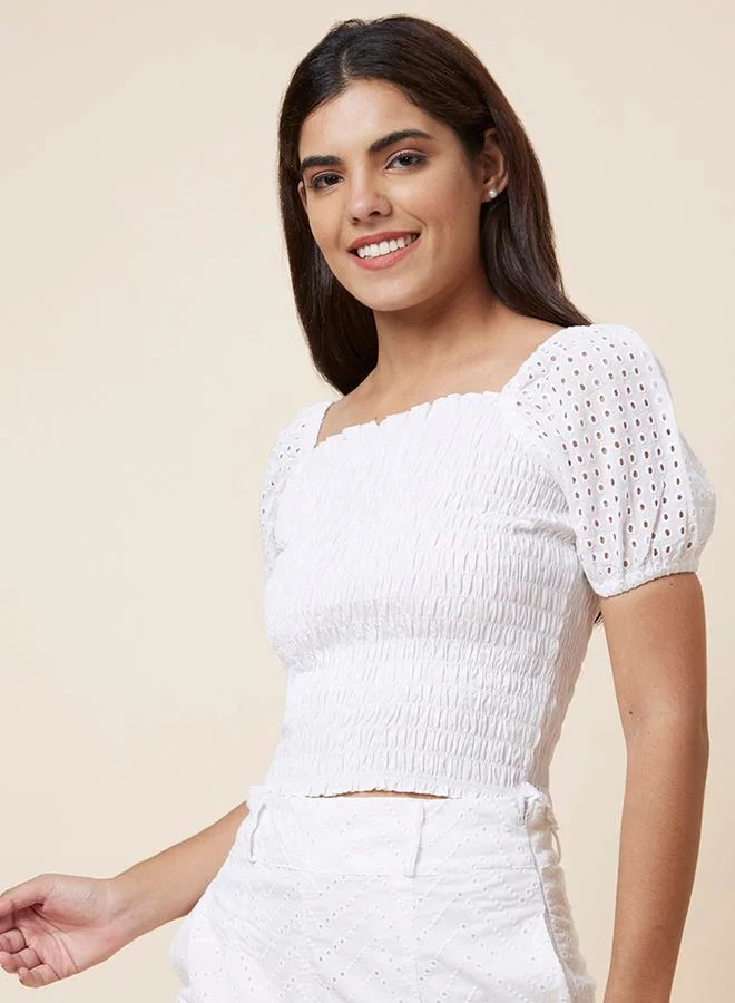 globus Globus Textured Smocked Puff Sleeve Crop Top