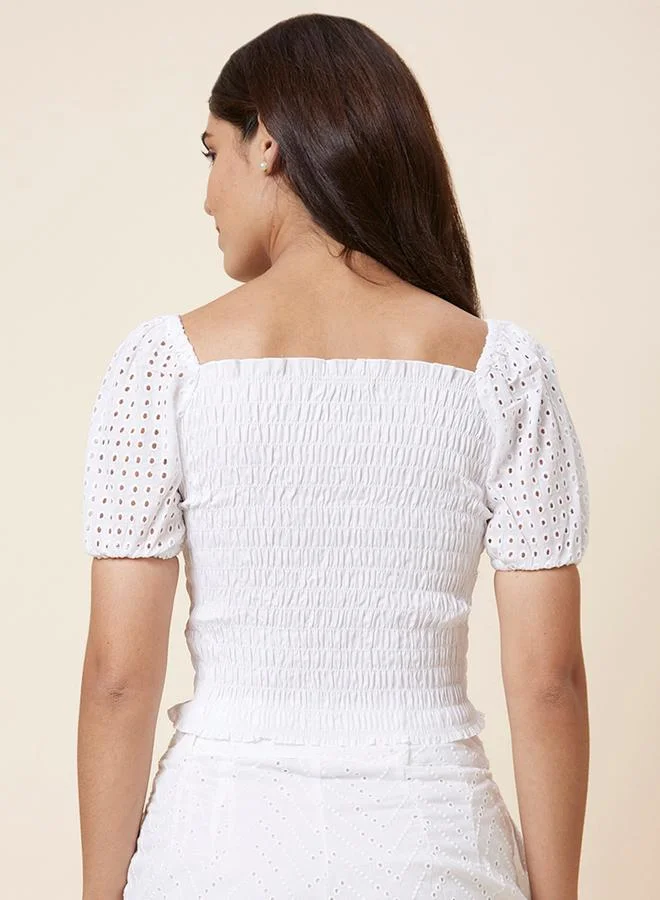 globus Globus Textured Smocked Puff Sleeve Crop Top