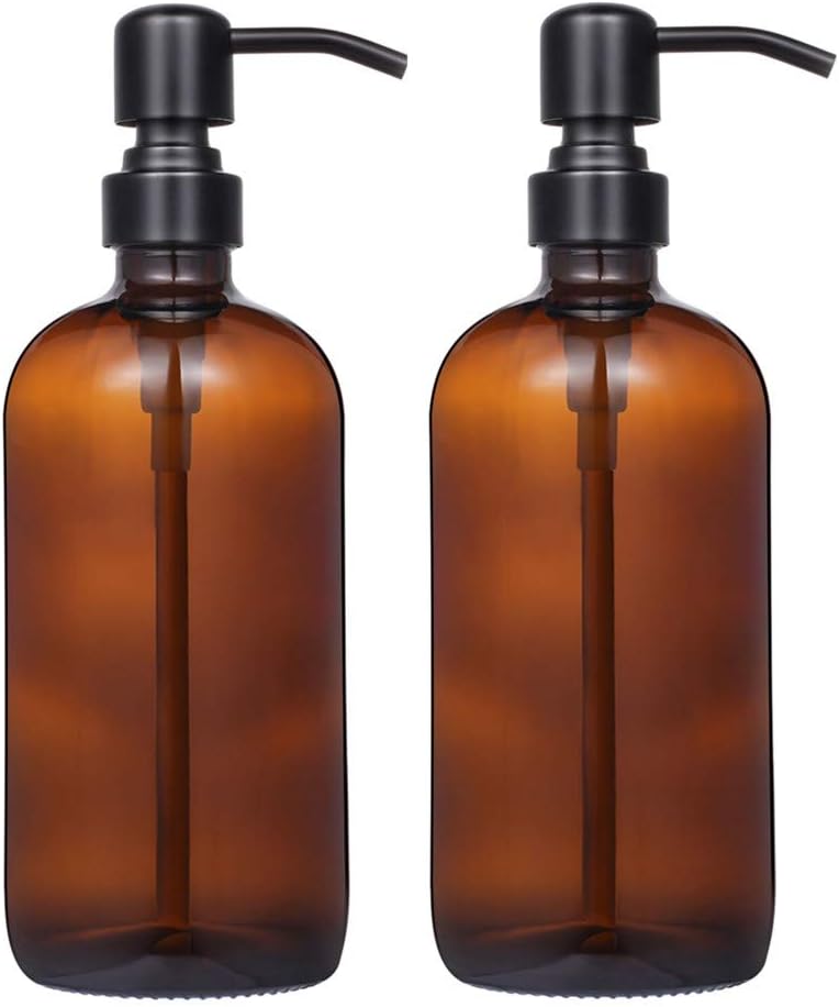 CHBJDAN 2 Pack Thick Amber Glass Pint Jar Soap Dispenser with Matte Black Stainless Steel Pump, 16ounce Boston Round Bottles Dispenser with Rustproof Pump for Essential Oil, Lotion Soap - Image 1
