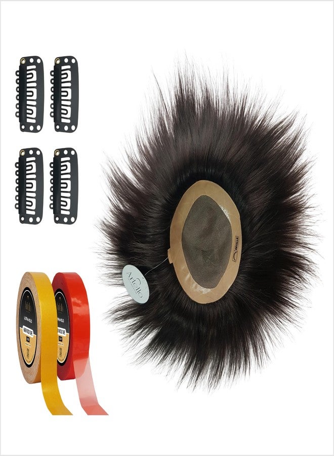 Artello® REGULAR MONO Hair Patch for Men, 100% Indian Human Hair Wig with FREE Yellow Adhesive Tape, Red Protection Tape and set of 4 Clips, Easy to Fix and Self Service (Colour: Darkest Brown) (10x7) - Image 1
