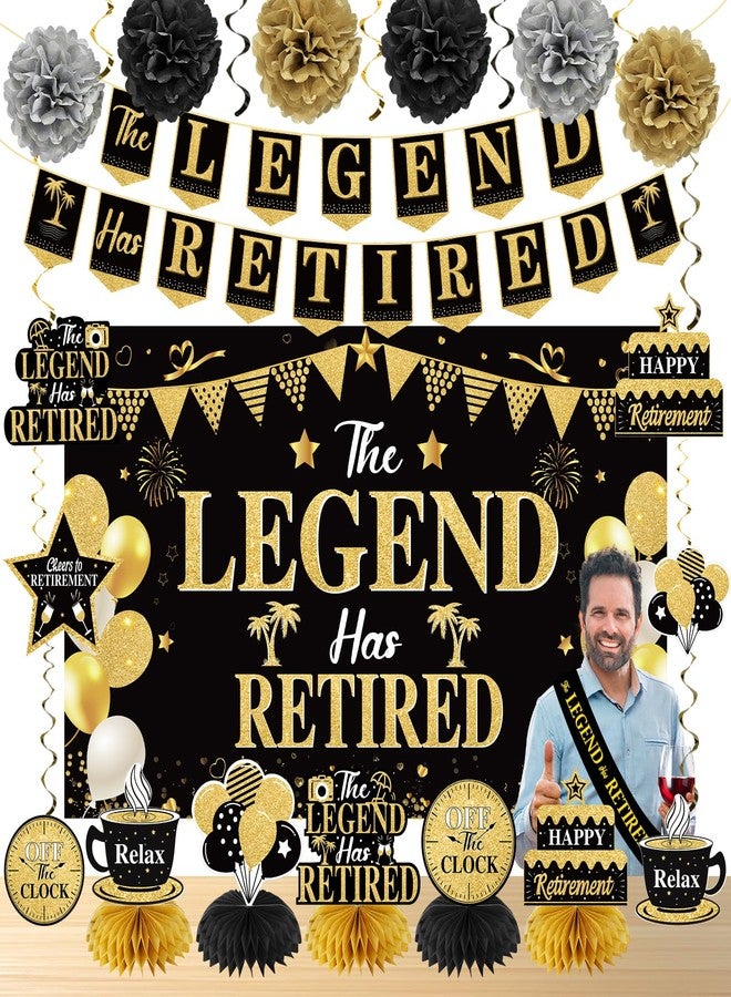 Uiorgui Retirement Party Decorations for Men Black Gold Happy Retirement Party Supplies Kit The Legend Has Retired Banner Backdrop Sash Table Centerpieces Hanging Swirls Pompoms 20PCS - Image 1