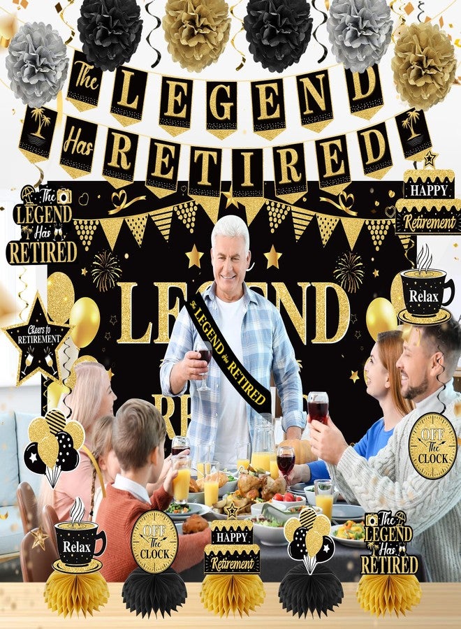 Uiorgui Retirement Party Decorations for Men Black Gold Happy Retirement Party Supplies Kit The Legend Has Retired Banner Backdrop Sash Table Centerpieces Hanging Swirls Pompoms 20PCS - Image 5