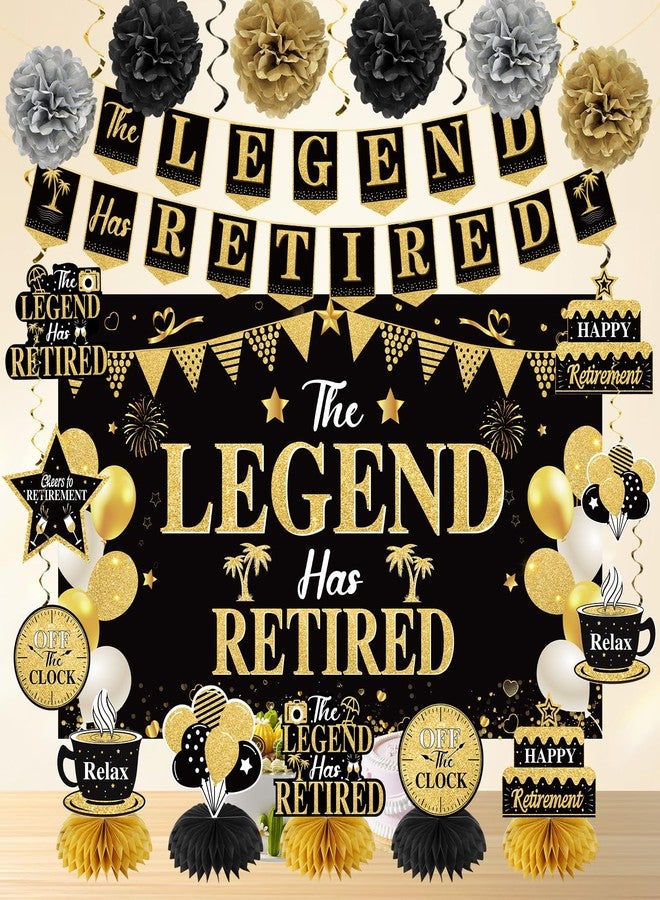 Uiorgui Retirement Party Decorations for Men Black Gold Happy Retirement Party Supplies Kit The Legend Has Retired Banner Backdrop Sash Table Centerpieces Hanging Swirls Pompoms 20PCS - Image 4