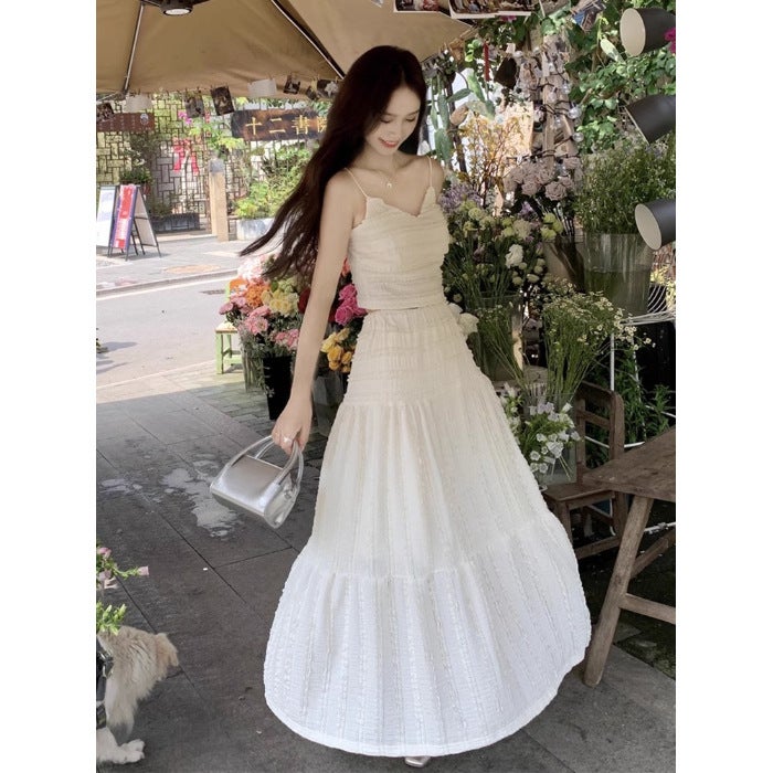 Gentle Elegant Travel Outfit Set Lace Suspender Top A-Line Skirt Two-Piece Set 2024 Summer Women White suit