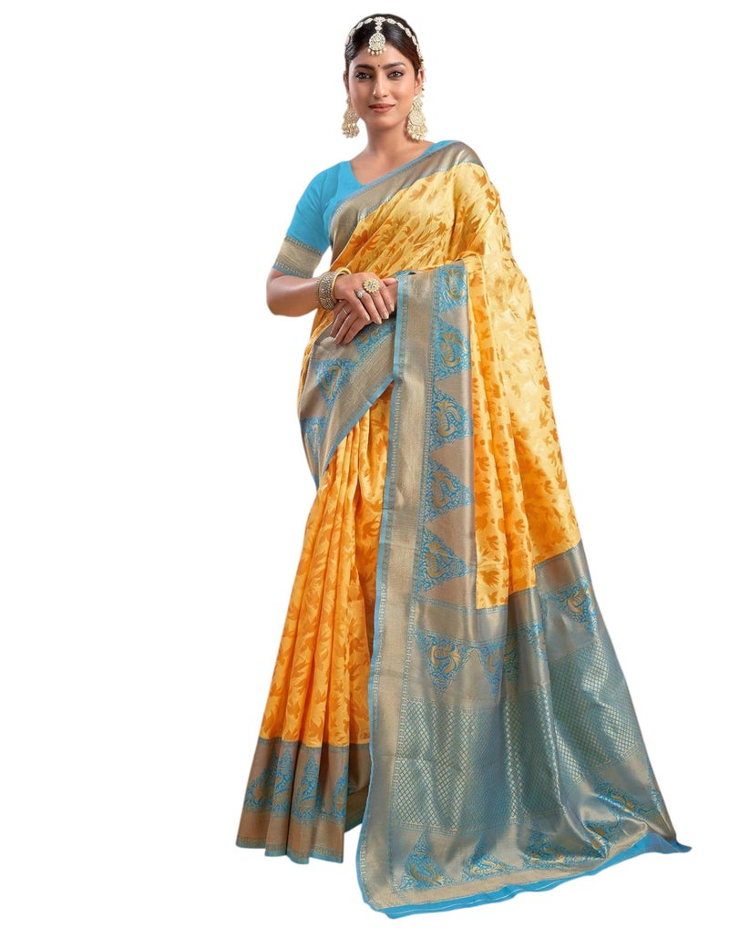 Shiv Textiles Women's Silk Woven Kanjivaram Saree(SAT-549-YELLOW) - Image 1