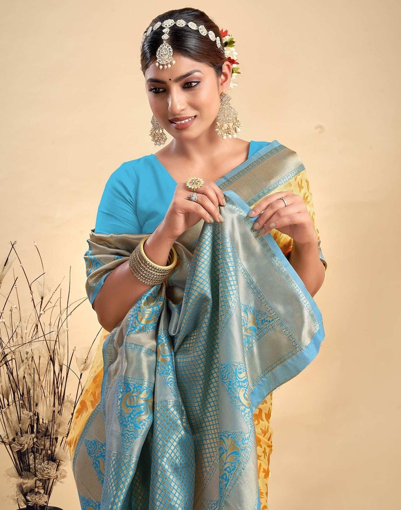 Shiv Textiles Women's Silk Woven Kanjivaram Saree(SAT-549-YELLOW) - Image 3
