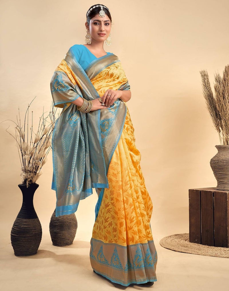 Shiv Textiles Women's Silk Woven Kanjivaram Saree(SAT-549-YELLOW) - Image 2