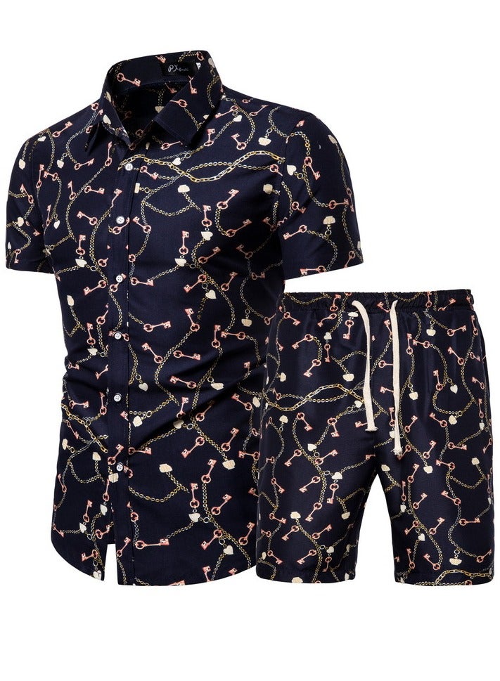 KUYING Men's Short Sleeved Shirt Set, Men's Casual Printed Shirt Shorts Two-piece Set 