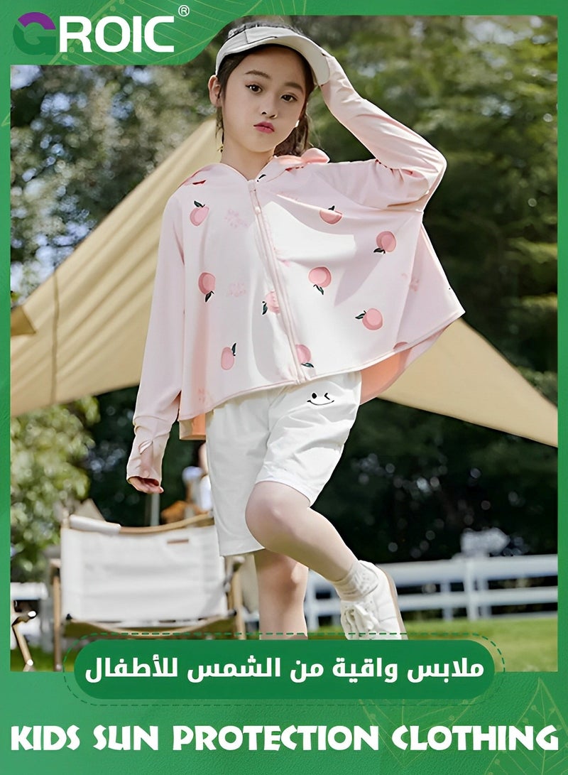 GROIC UPF 50+ UV Sun Protection Clothing for Kids, Ice Silk Long Sleeve Hoodie Shirt, Summer Elastic Quick Dry Athletic Hiking Lightweight Zipper Outdoor Jacket - Pink  - Image 5