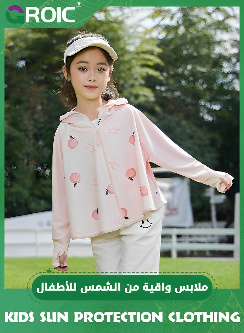 GROIC UPF 50+ UV Sun Protection Clothing for Kids, Ice Silk Long Sleeve Hoodie Shirt, Summer Elastic Quick Dry Athletic Hiking Lightweight Zipper Outdoor Jacket - Pink  - Image 1